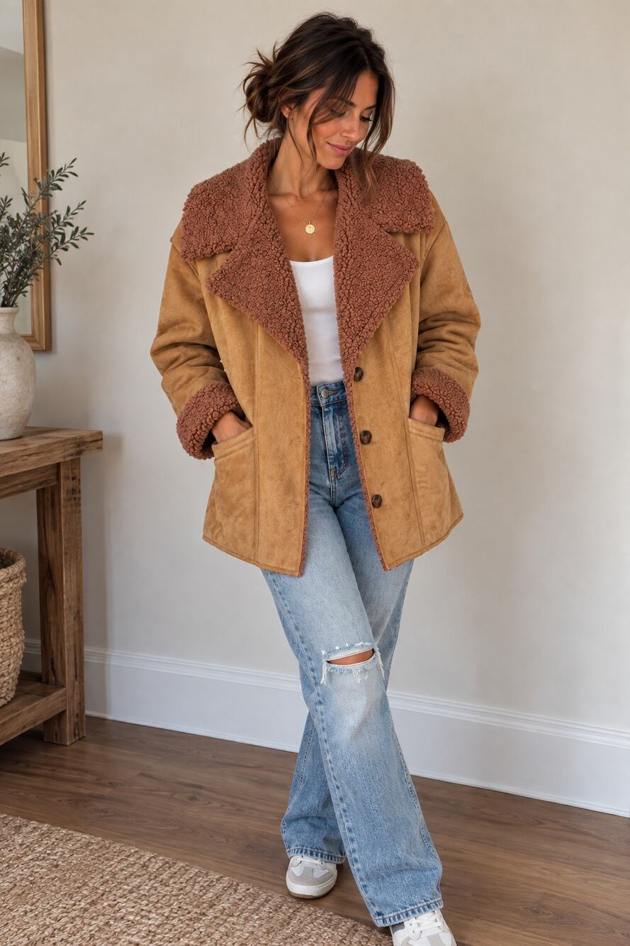 NEW Free People Diogo Toasted Almond Sherpa Faux Suede Relaxed Fit Coat XS